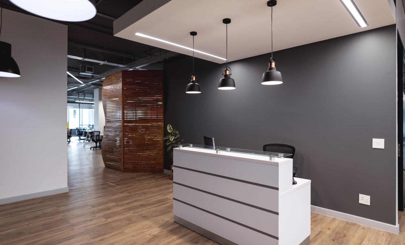 Interior of empty lobby with reception counter in modern office. modern office of a creative design business.